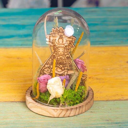 Cupula de flor eterna con imagen Virgen de las Angustias en madera