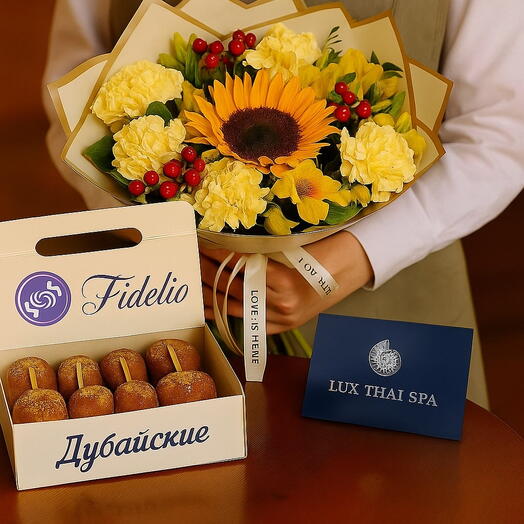 Бокс дубайских макаронсов с букетом из подсолнухов и сертефикатом в LUX THAI SPA