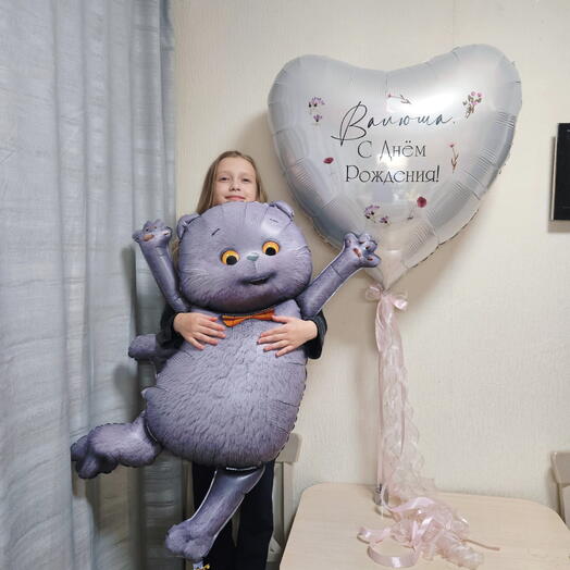 Воздушные шары кот басик,котенок и сердце с декором на подарок девочке,дочке,подруге-2шара