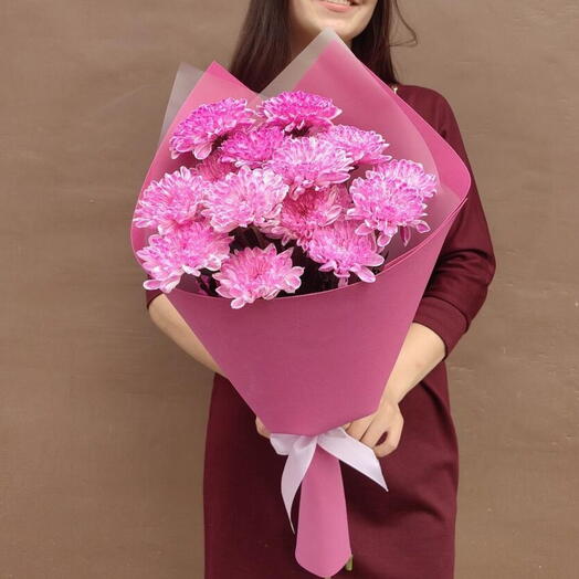 Малинка"- 3 кустовые хризантемы в упаковке 🌸