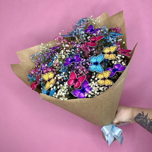 Гипсофила сухоцвет и бабочки в крафте (09)