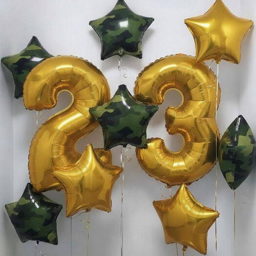 Воздушные шары для мужчины на 23 февраля, шары на 23 февраля для мужчины со звездами золотыми