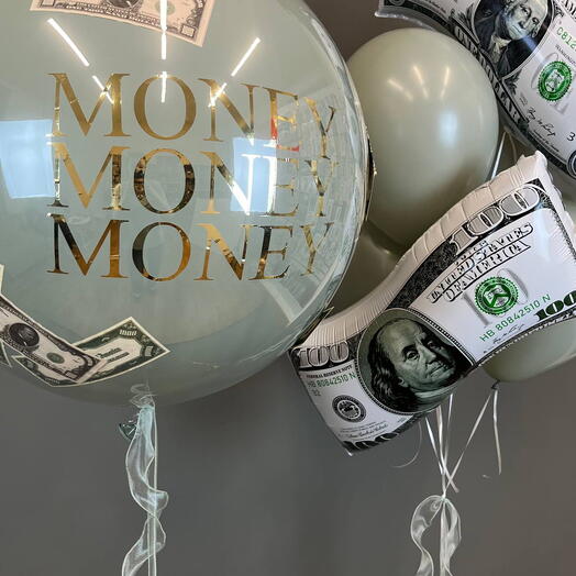 💸 Премиум сет «Money» — шар-гигант с надписью + 2 гигантских $ + фонтан из 7 шаров