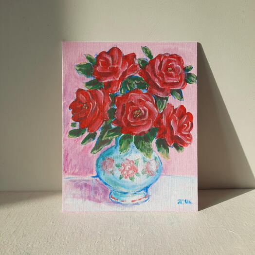 Картина "Розы в голубой вазе"