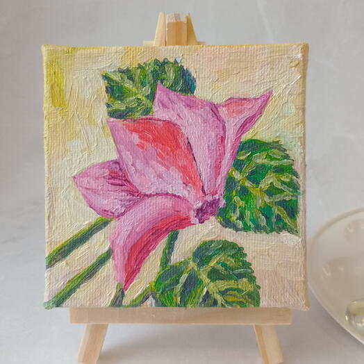 Картина "Цикламен", масло, мини-холст 10×10,  оригинал