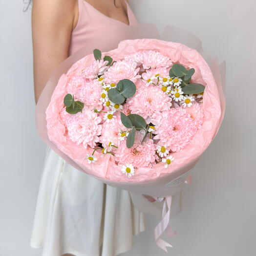 Букет из персиковой хризантемы и ромашки с эвкалиптом🌸