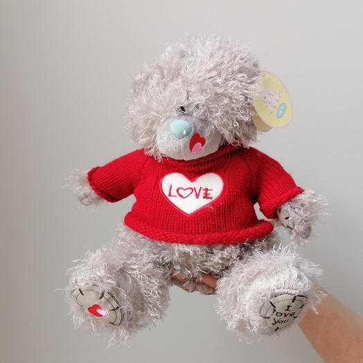 Мишка Love в красном вязаном свитере. Мягкая игрушка Медвежонок