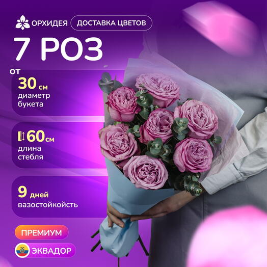 7 пионовидных роз Куинси с эвкалиптом