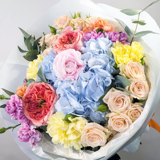 bouquet with hydrangea and bright flowers