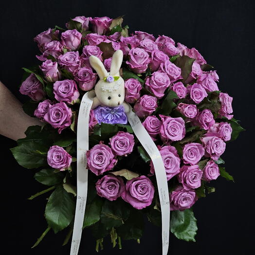 51 роза 💜 "Лавандовый Раф", букет Любимой, розы фиолетовые, лаванда, букет роз