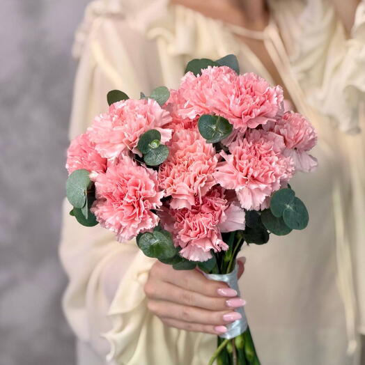 Свадебный букет невесты розовые диантусы (гвоздика) с эвкалиптом💗