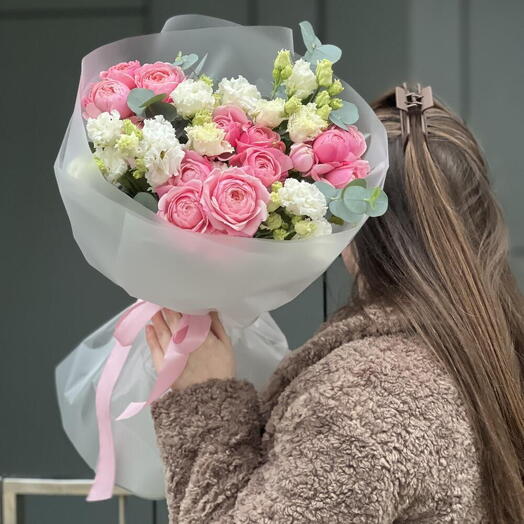 Bouquet of peony bush rose and eustoma Chantal