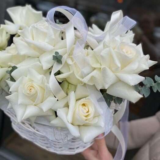 17 Roses with Eucalyptus in a Basket