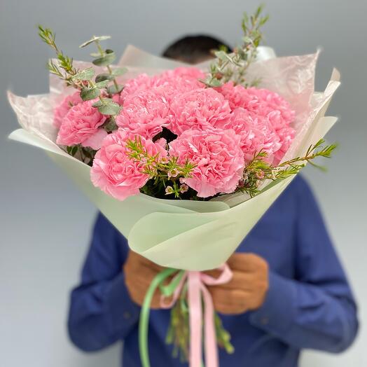 Stylish bouquet with eucalyptus and dianthus