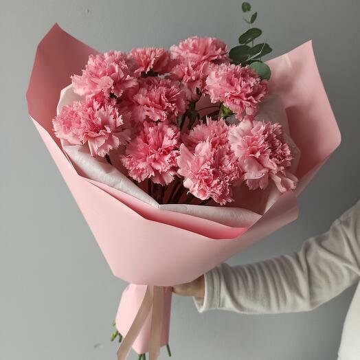 Pink carnations and eucalyptus mono bouquet