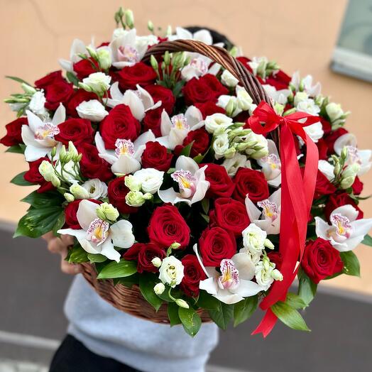 🌹Корзина "Любимой женщине"/ 51 Красной кенийская розы/эустома/орхидея/Цветы Уфы/Доставка Уфа