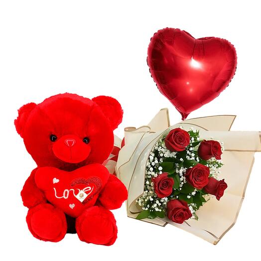 Six Red Roses Bouquet with Teddy and Red Foil Balloon