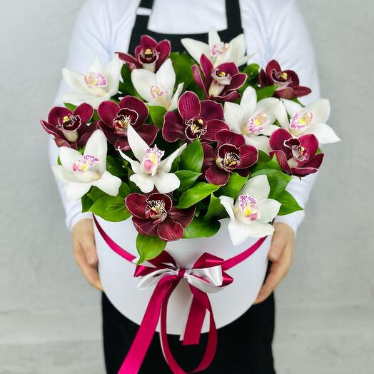 Коробка из бело-бордовых орхидей