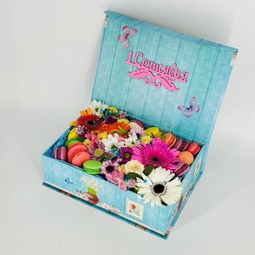 Gift for September 1st flowers with macaroni cake in a gift box book