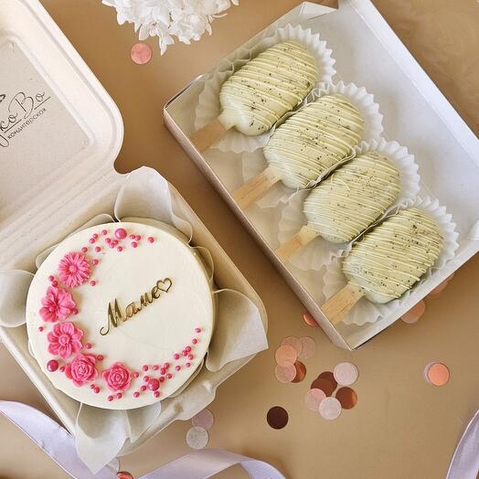 Juego de pastel de Bento con flores de chocolate y Topper de acrílico "MAME" + pastel de paleta "patata" en chocolate blanco 4 piezas