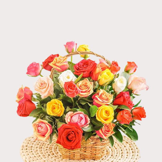 50 Mix Roses In A Basket