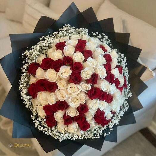 100 Red and White Roses Bouquet With White Filing Flower