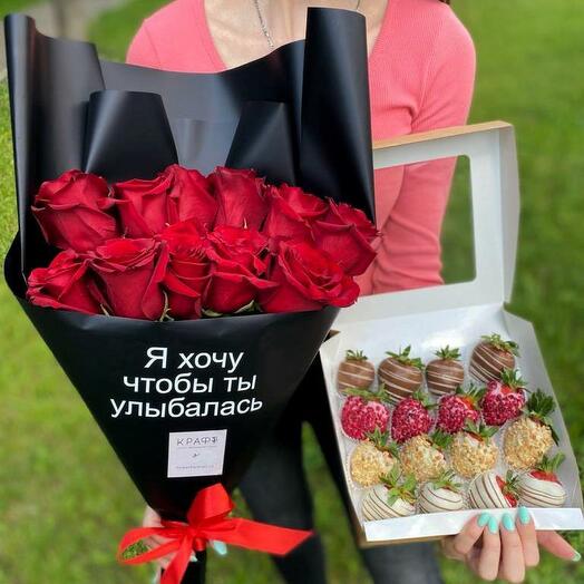Цветы и клубника в шоколаде Комбо 11 роз и 16 клубник в шоколаде