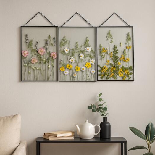 Арт. 462черный Три ботанических панно в чёрных металлических рамках