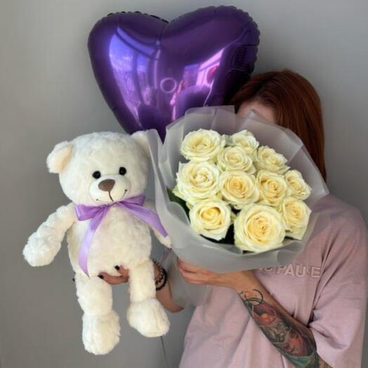 Комбо набор розы+шар+мишка