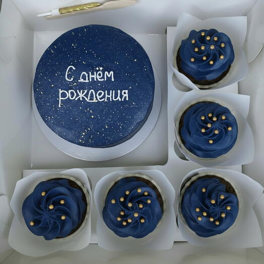 Набор «С днём рождения» для мужчины (папы, мужа, брата, коллеги) с бенто-тортом и капкейками со вкусом на выбор от Grand Depot