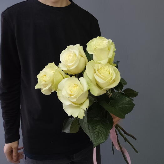 Белые эквадорские розы Мондиаль под ленточкой, 5 штук