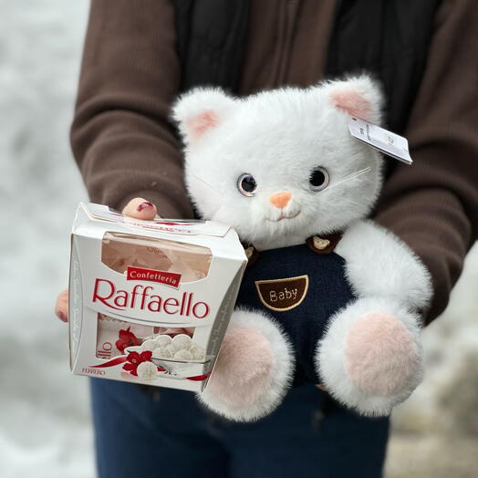 Мягкая игрушка киска белый + конфеты Raffaello