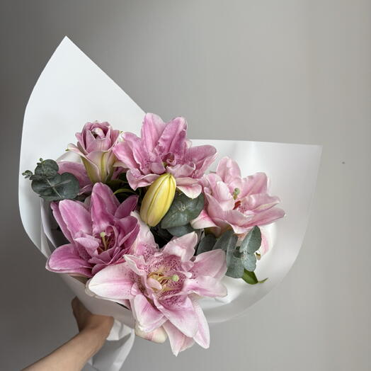 Peony lily with eucalyptus