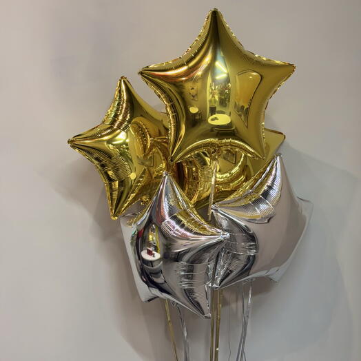 Фонтан из 5 фольгированных шаров «Золотые и серебряные Звезды»