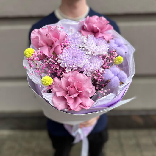 Букет «Две текстуры: бархат розы и золото лета» ️💜 французские розы, пушистая хризантема ☁️💛
