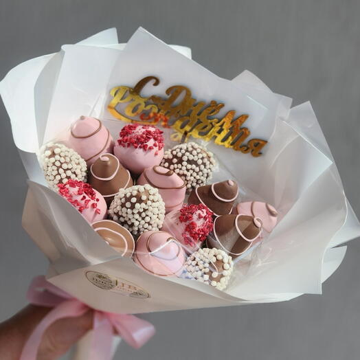 Букет клубника в шоколаде 15шт 🎀 С Днём Рождения 🎀 + топпер