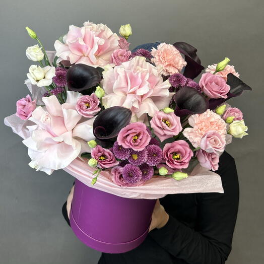 ВАУ-ЦВЕТЫ В КОРОБКЕ🍇( Французские розы, каллы, эустома) 2395