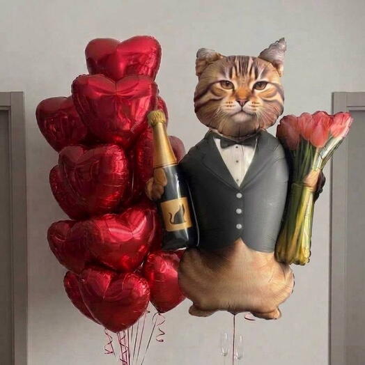 🐱 Набор шаров с элегантным котом/ кот с тюльпанами/ композиция воздушных шаров с сердцами красными и котом с букетом🔥