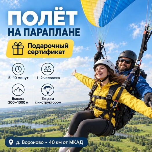 Подарочный сертификат «Полет на параплане» (7 минут, 1 человек)