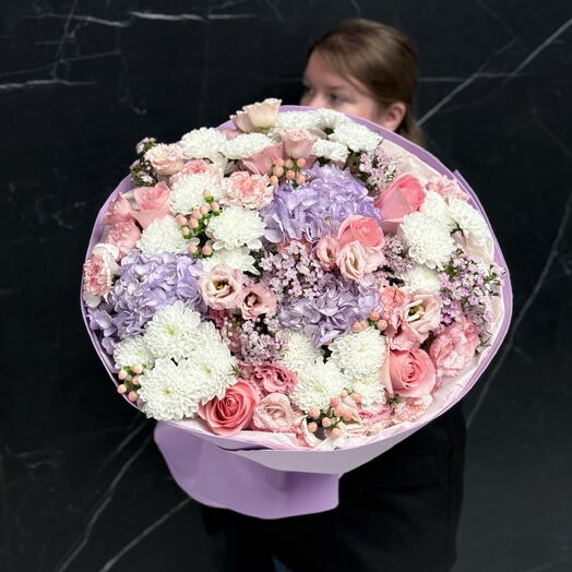 Огромный букет для любимой 🩷💜 Гортензия, роза , лизиантус, хамелациум, хризантема