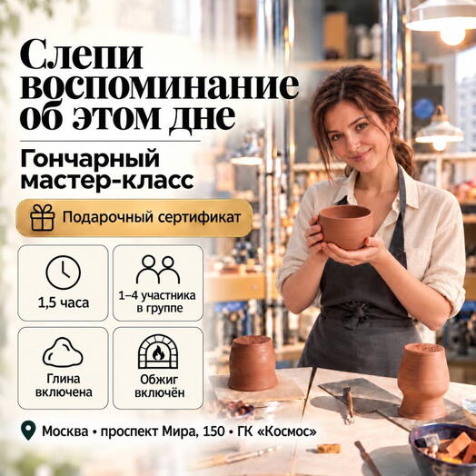 Подарочный сертификат «Гончарный мастер класс» (1,5 часа, 1 человек)