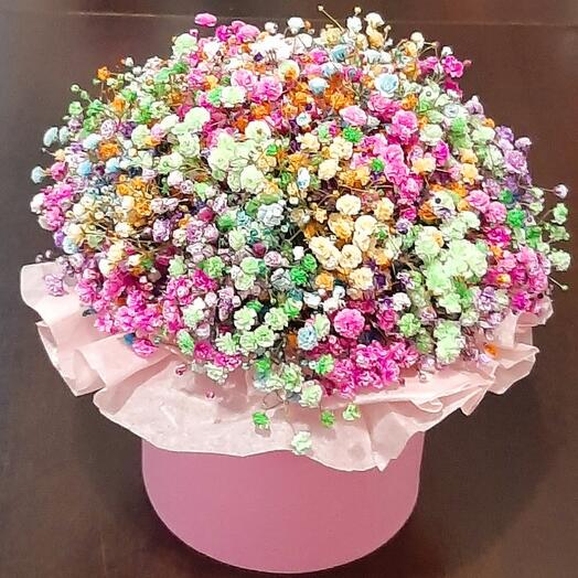 Rainbow gypsophila in a hatbox