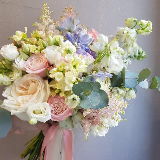 Wedding bouquet with peony rose, astilba and delphinium