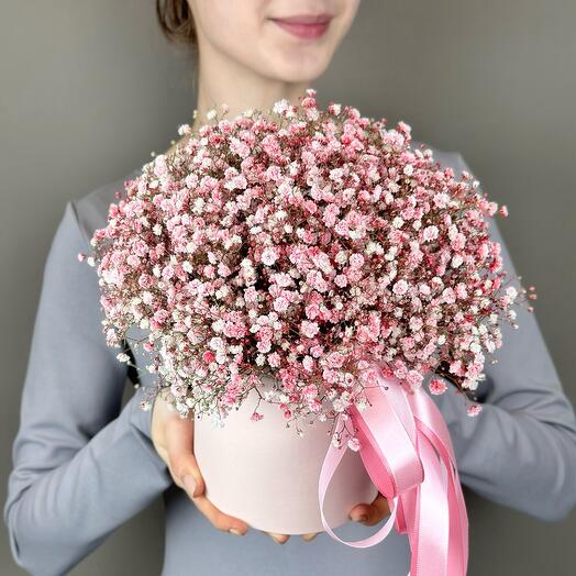 Композиция из розовой гипсофилы в шляпной коробке, 7шт. (К008)