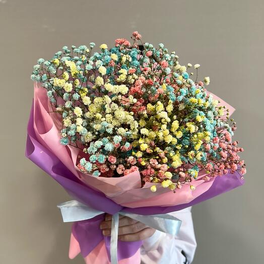 A compliment bouquet of rainbow and multicolored Gypsophila