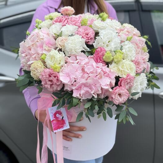 Caja XL con Hortensia holandesa y eustoma de encaje "Bridget"