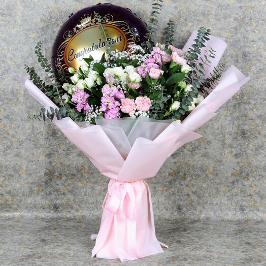 Pastel Flower and Congratulation Balloon Bouquet