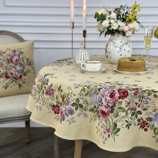 Mantel de Gobelino/Jacquard, Redondo 165 cm, Flores en Fondo Amarillo