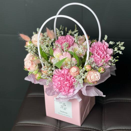 Composition "Monroe" from alstroemeria bushy peony rose limonium dianthus