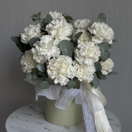 Bouquet of white dianthus and eucalyptus
